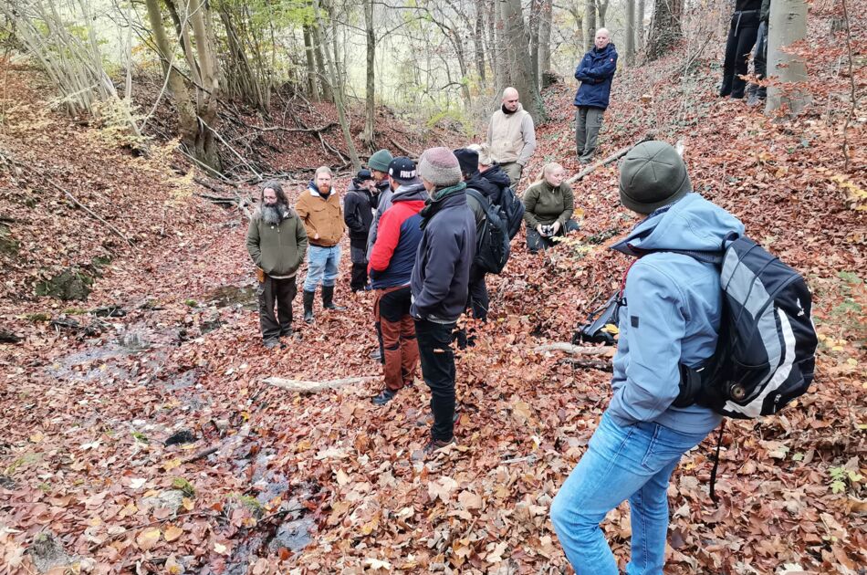 Eine Menschengruppe schaut sich Kalktuffquellen in einem Herbstwald an